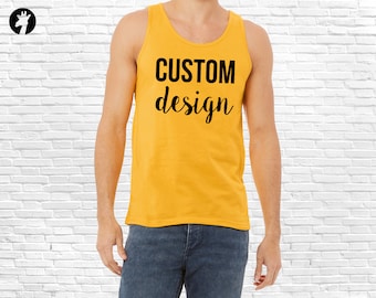 May include: A yellow sleeveless tank top with the text "CUSTOM design" printed in black.