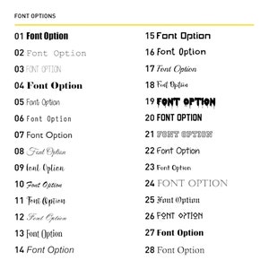 May include: A list of 28 different font options, numbered 1 through 28. Each font option is displayed in a different style, including bold, italic, and all caps.