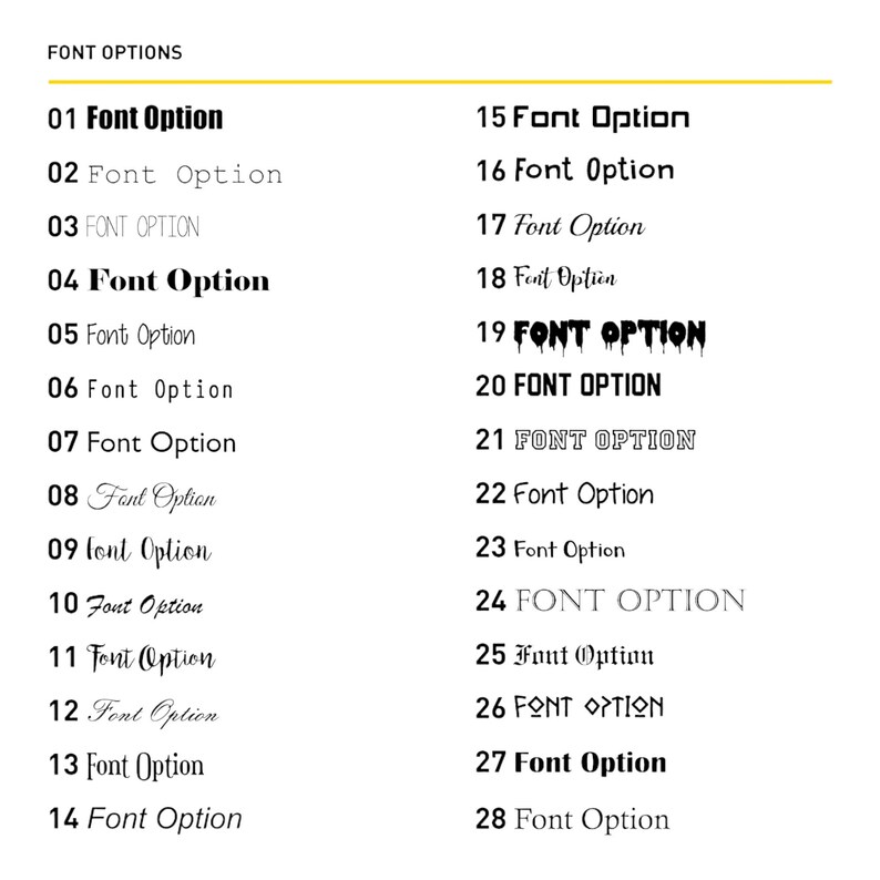 May include: A list of 28 different font options, numbered 1 through 28. Each font option is displayed in a different style, including bold, italic, and all caps.