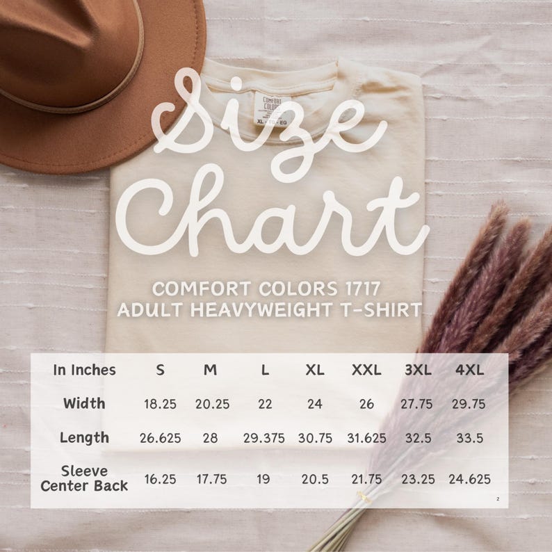 May include: Size chart for a heavyweight t-shirt in various sizes from S to 4XL. The chart shows measurements in inches for width, length, and sleeve length.