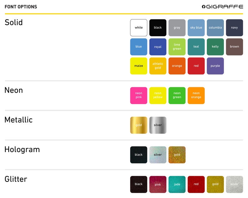 May include: A chart showing different font options for text, including solid, neon, metallic, hologram, and glitter. The chart shows a variety of colors for each option.