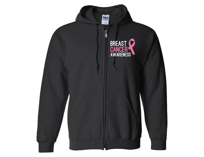 May include: Black zippered hoodie with a pink ribbon and the text "Breast Cancer Awareness".