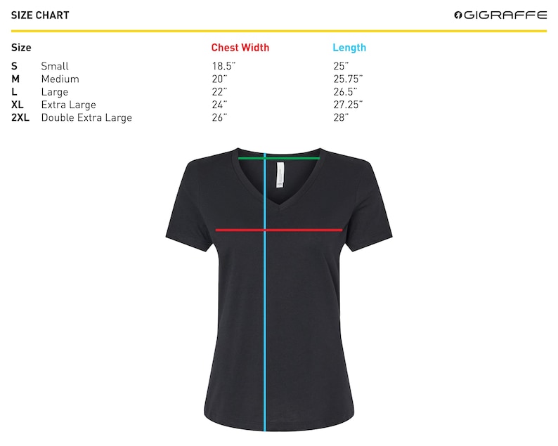 May include: Size chart for a women's v-neck t-shirt. The chart shows the chest width and length in inches for sizes small, medium, large, extra large, and double extra large.