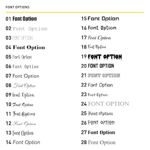 K&ouml;nnte beinhalten: Eine Tabelle mit 28 verschiedenen Schriftarten, nummeriert von 1 bis 28. Jede Schriftart wird in einem anderen Stil angezeigt, einschlie&szlig;lich fett, kursiv und tropfend.