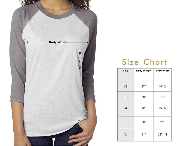 May include: A size chart for a baseball tee shirt with measurements in inches. The chart shows the size, body length, and body width for sizes XS, S, M, L, and XL.