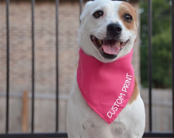 May include: A white and brown dog wearing a pink bandana with the text "CUSTOM PRINT" in white.