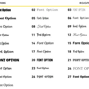 K&ouml;nnte beinhalten: Ein Diagramm mit 28 verschiedenen Schriftarten, nummeriert von 1 bis 28. Jede Schriftart wird mit dem Text "Font Option" angezeigt. Das Diagramm ist oben mit "FONT OPTIONS" und oben rechts mit "GIGRAFFE" beschriftet.