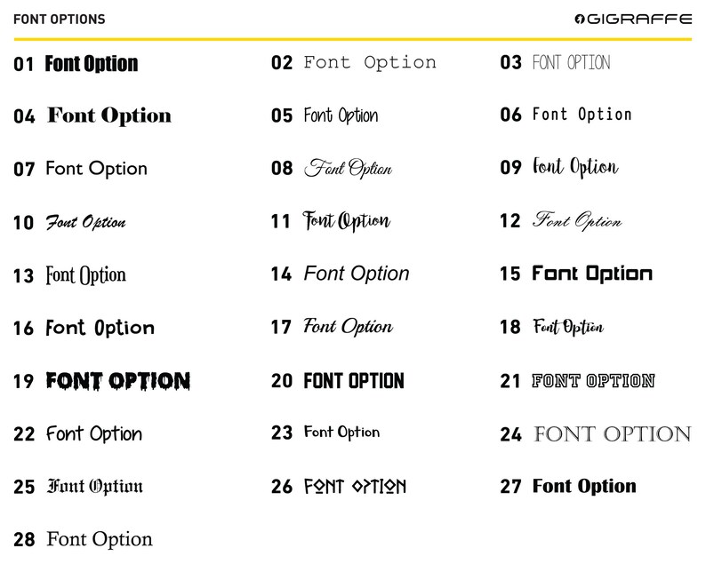 K&ouml;nnte beinhalten: Ein Diagramm mit 28 verschiedenen Schriftarten, nummeriert von 1 bis 28. Jede Schriftart wird mit dem Text "Font Option" angezeigt. Das Diagramm ist oben mit "FONT OPTIONS" und oben rechts mit "GIGRAFFE" beschriftet.
