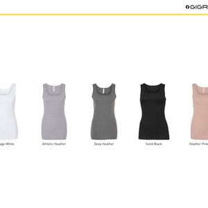May include: Five tank tops in different colors: vintage white, athletic heather, deep heather, solid black, and heather pink gravel.