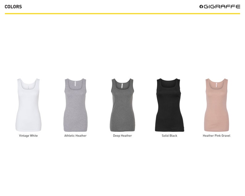 May include: Five tank tops in different colors: vintage white, athletic heather, deep heather, solid black, and heather pink gravel.