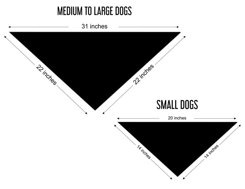 May include: Diagram showing two different sizes of dog bandanas. The larger bandana is 31 inches wide and 22 inches on each side. The smaller bandana is 20 inches wide and 14 inches on each side. The text "MEDIUM TO LARGE DOGS" is above the larger bandana and "SMALL DOGS" is above the smaller bandana.