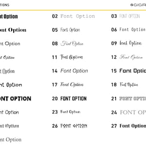 May include: A chart of 28 different font options, numbered 1 through 28. Each font is displayed with the text "Font Option".