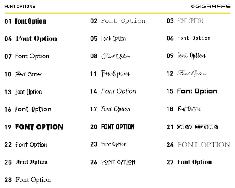 May include: A chart of 28 different font options, numbered 1 through 28. Each font is displayed with the text "Font Option".
