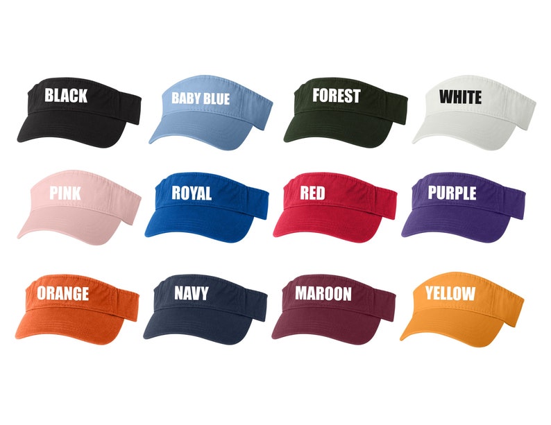 May include: Twelve visors in different colors, each with a different color name printed in white on the front. The colors are black, baby blue, forest, white, pink, royal, red, purple, orange, navy, maroon, and yellow.