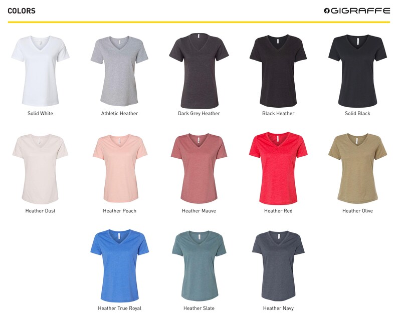 May include: A chart displaying 12 different colours of V-neck t-shirts. The colours are: Solid White, Athletic Heather, Dark Grey Heather, Black Heather, Solid Black, Heather Dust, Heather Peach, Heather Mauve, Heather Red, Heather Olive, Heather True Royal, Heather Slate, and Heather Navy.