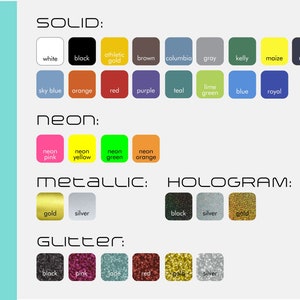 May include: A chart showing different font color options for text. The options include solid colors, neon colors, metallic colors, hologram colors, and glitter colors.