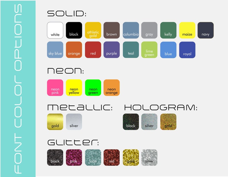 May include: A chart showing different font color options for text. The options include solid colors, neon colors, metallic colors, hologram colors, and glitter colors.