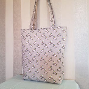 Unicorn Print Shopper/Tote Bag. Colourful Unicorns on Silver Grey. Shopping, Gym, Uni College Bag. With Pocket.