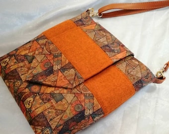Vegan Friendly Cork and Harris Tweed Handbag/Shoulder/Cross Body Bag. Orange/Brown/Blue