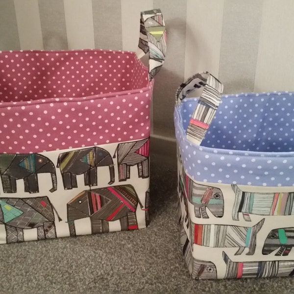 Large Storage Baskets/Boxes with Handles. Designer 100% Cotton Fabric. Jumbo Elephant and Frankie Dog Pink/Blue Trim& Lining