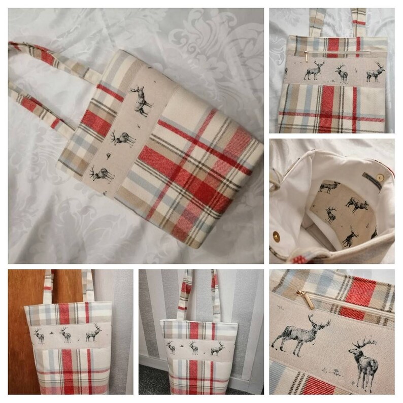Puede incluir: Una bolsa de mano de cuadros rojos y blancos con un dise&ntilde;o de estampado de ciervo. La bolsa tiene un bolsillo con cremallera en la parte delantera y un bolsillo con cremallera en el interior. La bolsa est&aacute; hecha de un tejido resistente y tiene una gran capacidad.