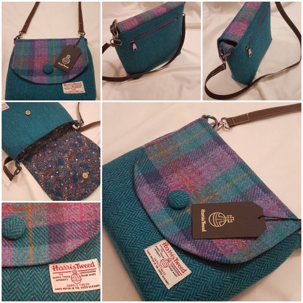 Harris Tweed Handbag/Cross Body Bag/Shoulder Bag Genuine Harris Tweed. Teal and Purple Tartan. Liberty Lining. Made in Scotland