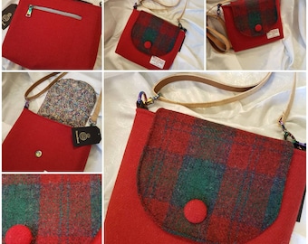 Harris Tweed Handbag/Shoulder Bag/Cross Body Bag. Red with Red and Green Tartan. Liberty Lining. Harris Tweed Gift. Birthday Gift for Women.