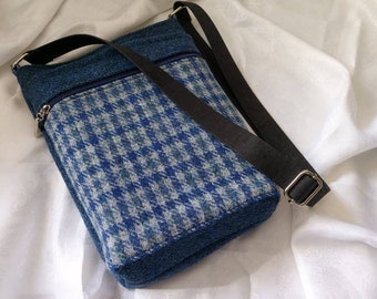 Harris Tweed-handtas. Blauwe en grijze ruit. Schoudertas/crossbodytas/vegantas