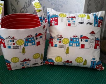 Large Fabric Storage Basket. Matching Cushion Cover. Available separately. Quirky Houses Childrens Pattern. Child's Room or Nursery