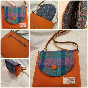 Harris Tweed Handbag/Cross Body Bag/Shoulder Bag. Harris Tweed Gift. Orange With Teal and Purple Tartan. Liberty Lining. Made in Scotland.