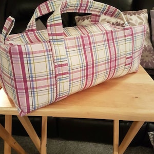 Large Knitting Needle/Yarn Bag. 100% Cotton Designer Fabric. Pink Country Check. Fully Lined, with Handles and front Pocket