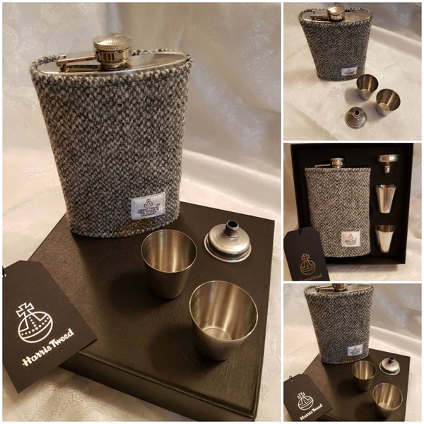 Harris Tweed Hip Flask Set. Gift for Groomsmen/Boyfriend/Dad/Grandad/Friend. Grey Barleycorn Harris Tweed Gift. Scottish Gift.