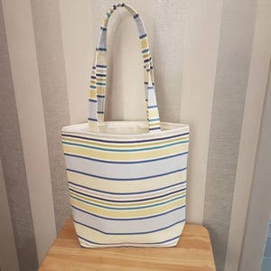 Blue and Yellow Stripe Shopper/Tote Bag. Shopping, Gym, Uni, College, School, Work, Lunch Bag. With Pocket.