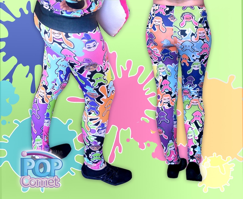 Peut inclure: Leggings color&eacute;s avec un motif r&eacute;p&eacute;t&eacute; de personnages de calamars de dessin anim&eacute;. Les leggings sont noirs avec des accents roses, bleus, verts, oranges et jaunes. Les leggings sont pr&eacute;sent&eacute;s sur un mannequin avec un fond vert.