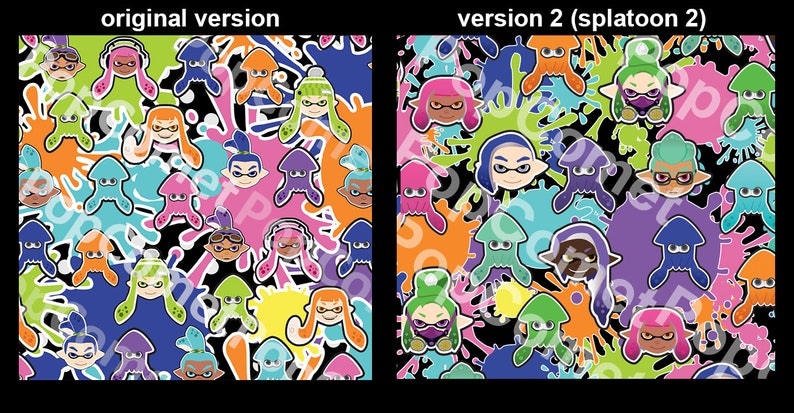 May include: Two versions of a colorful pattern featuring cartoon squid and ink splatters on a black background. The original version has a more traditional design, while the version 2 (Splatoon 2) has a more modern design.
