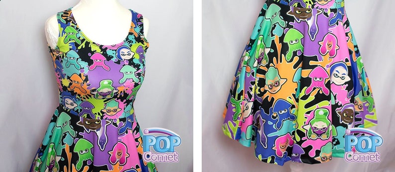 May include: A black sleeveless dress with a colorful print of cartoon squids and paint splatters. The dress has a fitted bodice and a flared skirt. The print features various colors, including pink, blue, green, orange, and purple. The dress has a scoop neck and a racerback style. The dress is made of a soft, stretchy fabric. The dress is perfect for fans of the popular video game Splatoon.