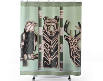 Woodland Shower Curtain: Bear, Deer, Eagle - Rustic Cabin Decor