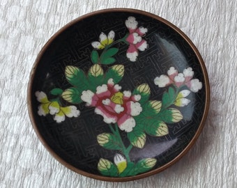 Green Cloisonn\u00e9 jewelry Trinket box with Cherry Blossom hand painted
