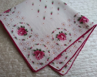 Vintage Ladies Handkerchief-Hankie-Hanky-Pink-Bows-Roses-UNUSED