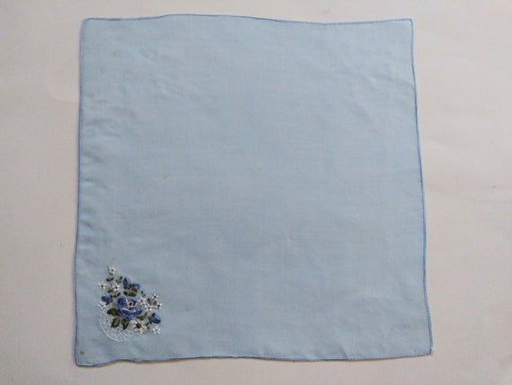Vintage Hankie Wedding Hanky Embroidered Blue Ros… - image 2