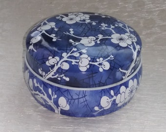 Vintage Tin Blue And White Cherry Blossom Tin Storage Container Made In England