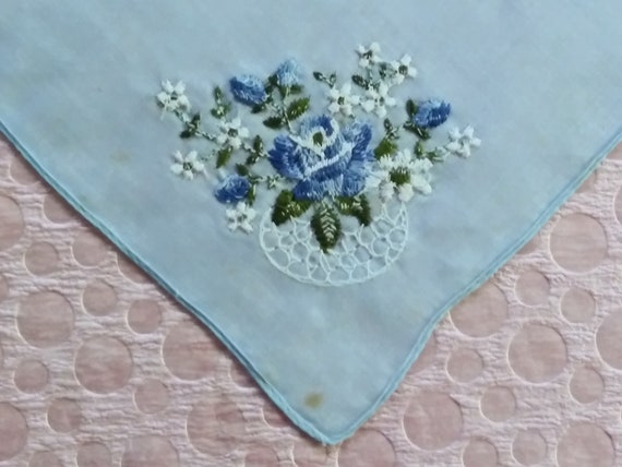 Vintage Hankie Wedding Hanky Embroidered Blue Ros… - image 3