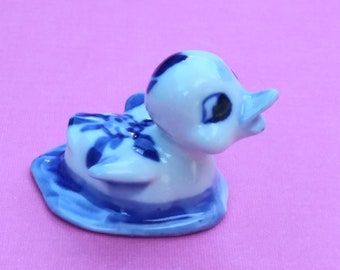 Vintage Duck Figurine Mini Delfts Blue Hand Painted Made In Holland.