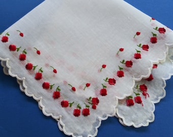 Vintage Hankie Embroidered Red Tulip Hanky. O