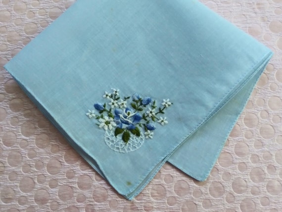 Vintage Hankie Wedding Hanky Embroidered Blue Ros… - image 1