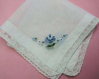 Vintage Hankie Blue Rose Wedding Hankie. H