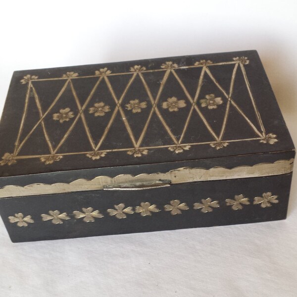 Heavy Tin Metal Box, Vintage Tin Box, Matt Black Finish, Etched Flowers, Wood Inside