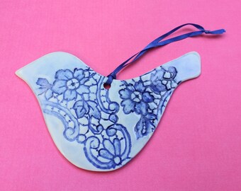 Handmade Pottery Porcelain Blue Bird Ornament Gift Topper Wall Hanging.