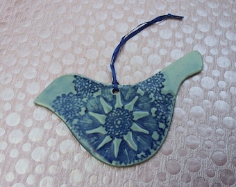 Handmade Pottery Porcelain Blue Bird Gift Topper Ornament Wall Hanging.