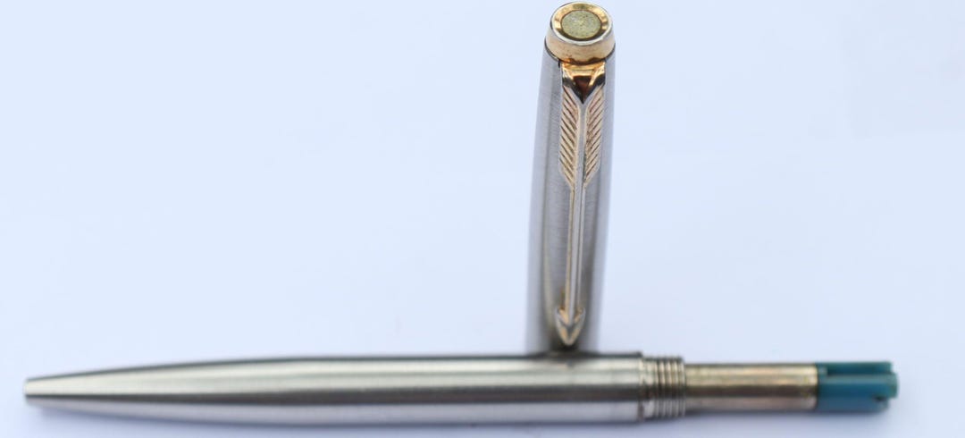 Vintage Parker Ballpoint Pen Cap Press Metal Brushed Chrome Body Gold ...